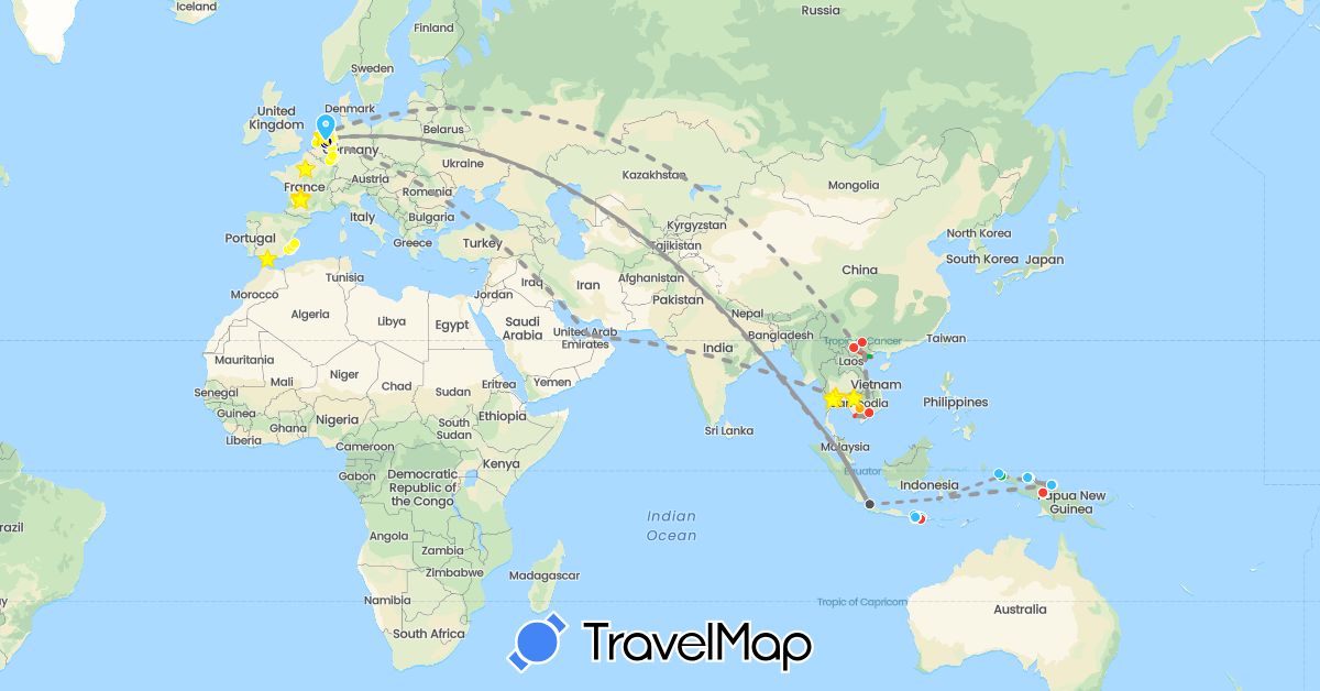 TravelMap itinerary: driving, bus, plane, cycling, hiking, boat, motorbike, electric vehicle, taxi, hiking, motorbike, point of interest, funicular in United Arab Emirates, Germany, Spain, France, Indonesia, Cambodia, Malaysia, Netherlands, Thailand, Vietnam (Asia, Europe)