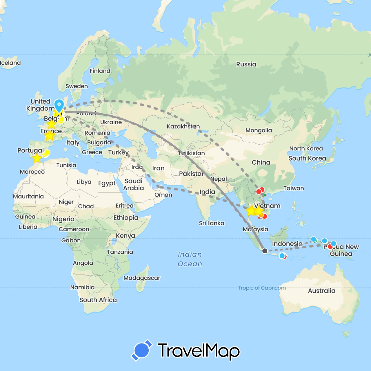 TravelMap itinerary: driving, bus, plane, cycling, hiking, boat, motorbike, electric vehicle, taxi, hiking, motorbike, point of interest, funicular in United Arab Emirates, Germany, Spain, France, Indonesia, Cambodia, Malaysia, Netherlands, Thailand, Vietnam (Asia, Europe)