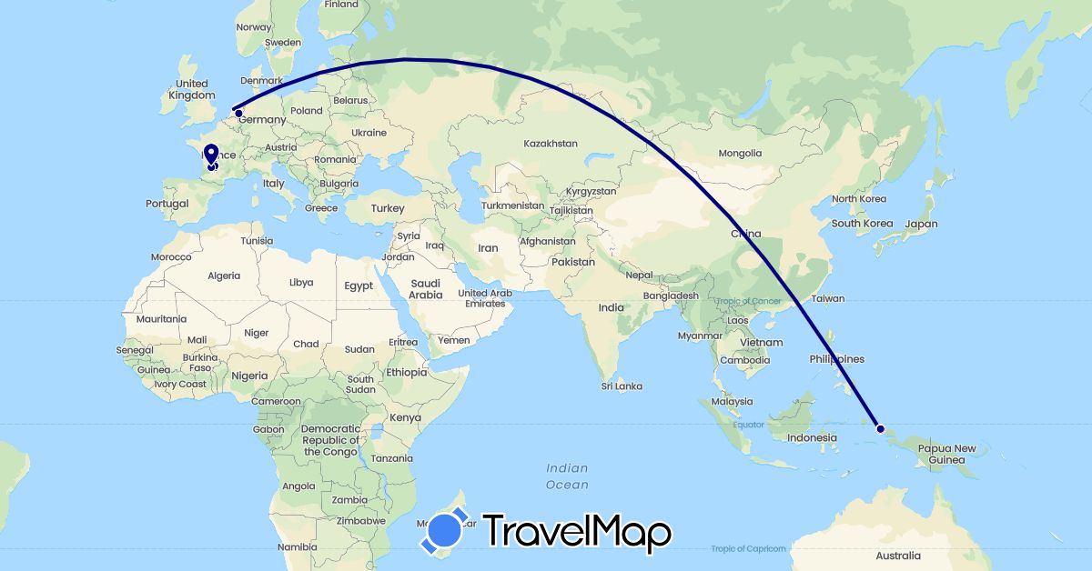 TravelMap itinerary: driving, plane, boat in France, Indonesia, Netherlands (Asia, Europe)