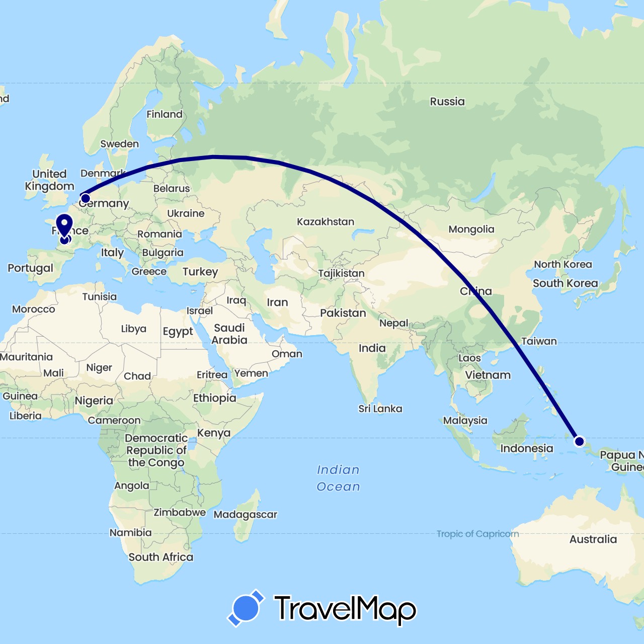 TravelMap itinerary: driving, plane, boat in France, Indonesia, Netherlands (Asia, Europe)