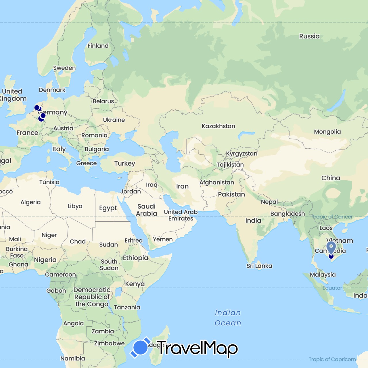 TravelMap itinerary: driving, cycling in Germany, Netherlands, Vietnam (Asia, Europe)