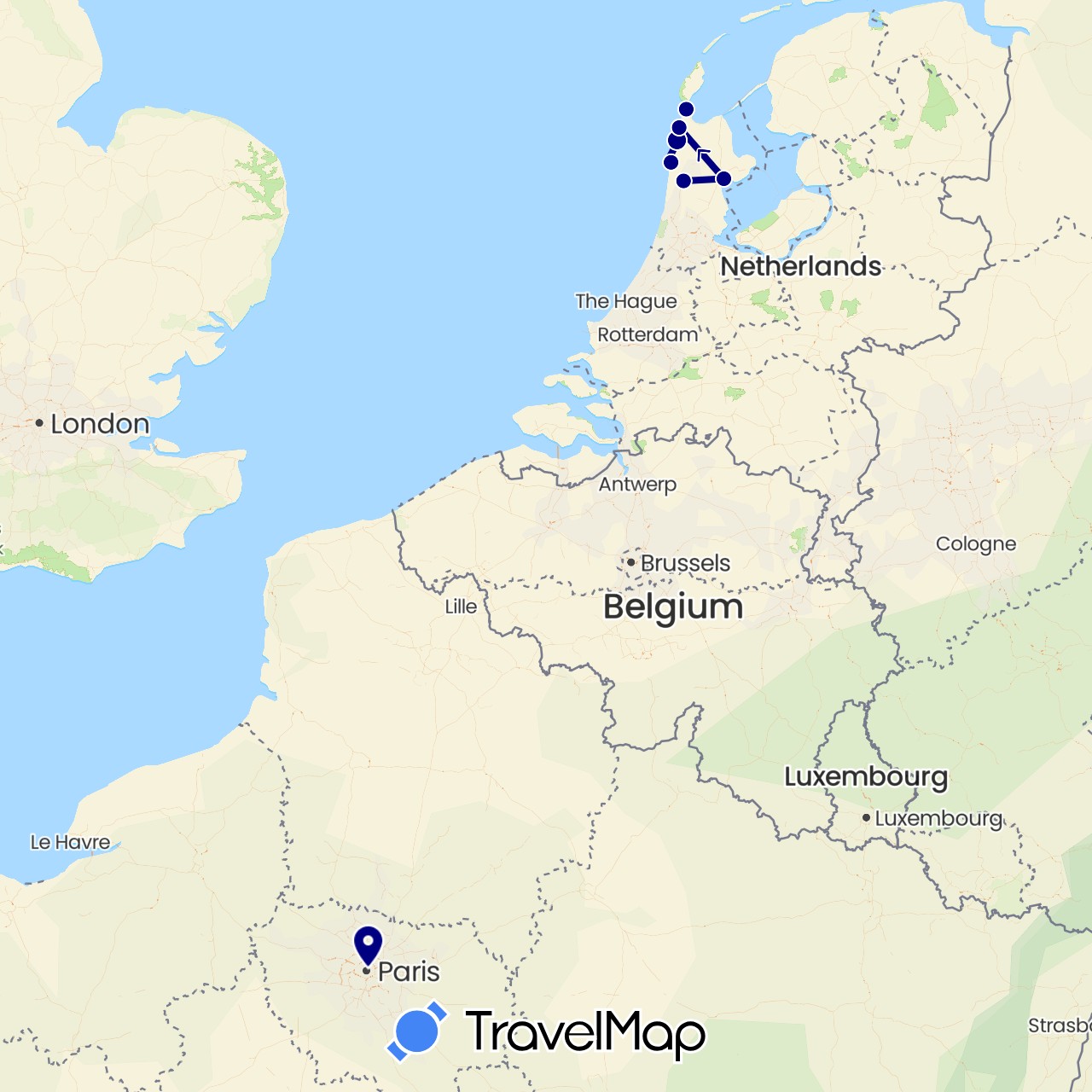 TravelMap itinerary: driving in France, Netherlands (Europe)