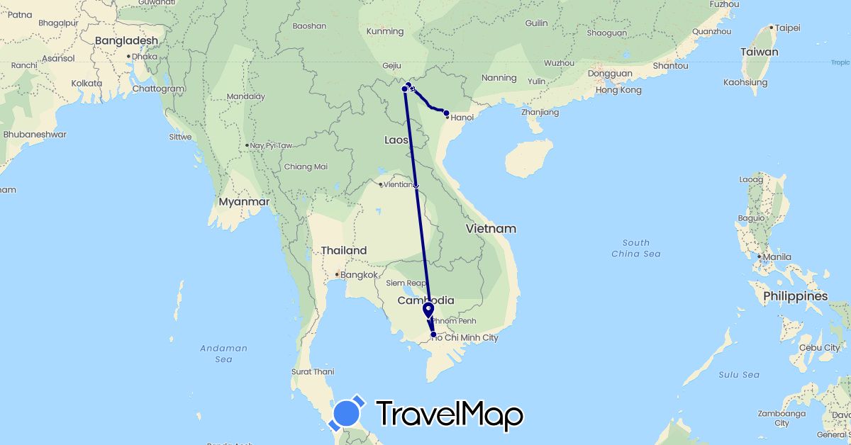 TravelMap itinerary: driving in Cambodia, Vietnam (Asia)