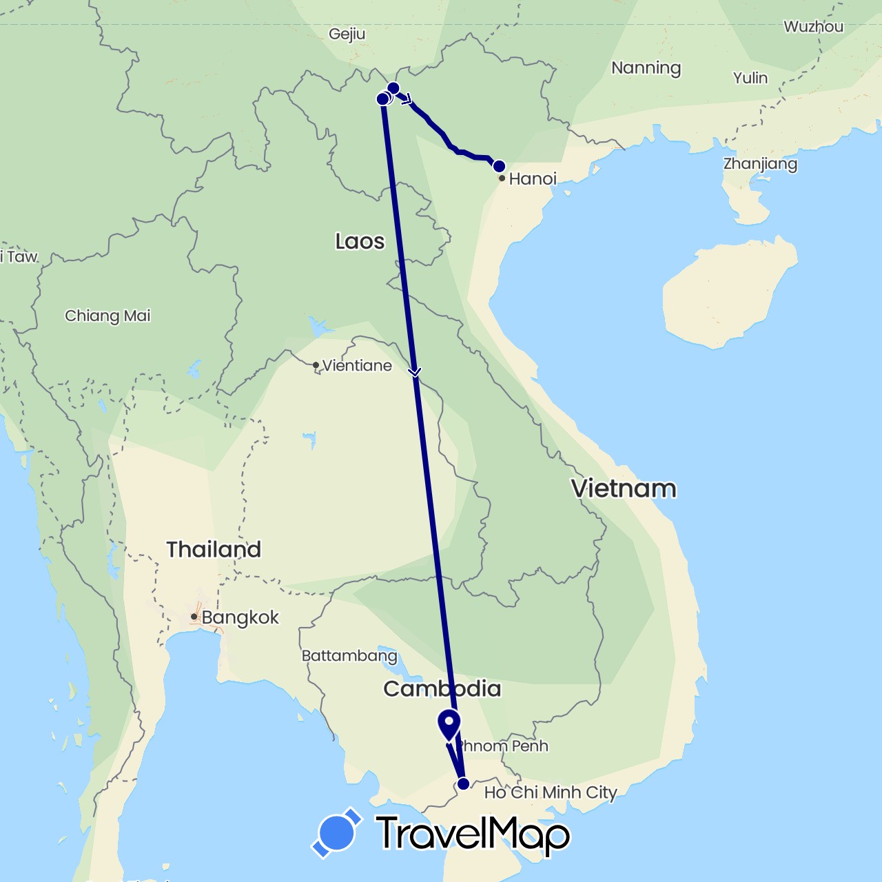 TravelMap itinerary: driving in Cambodia, Vietnam (Asia)