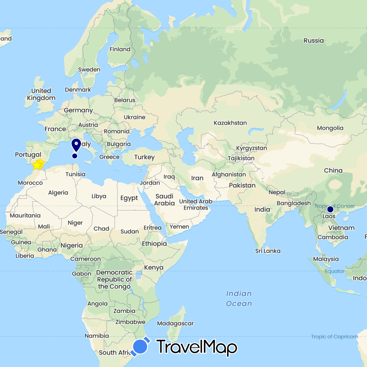 TravelMap itinerary: driving in Spain, Italy, Vietnam (Asia, Europe)